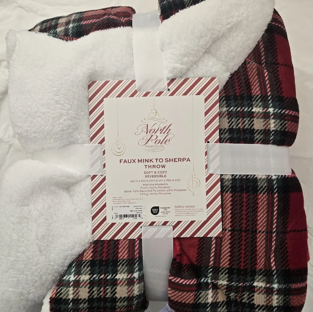 SHERAP Plaid Red and Black Holiday Throw Blanket REVERSIBLE NWT